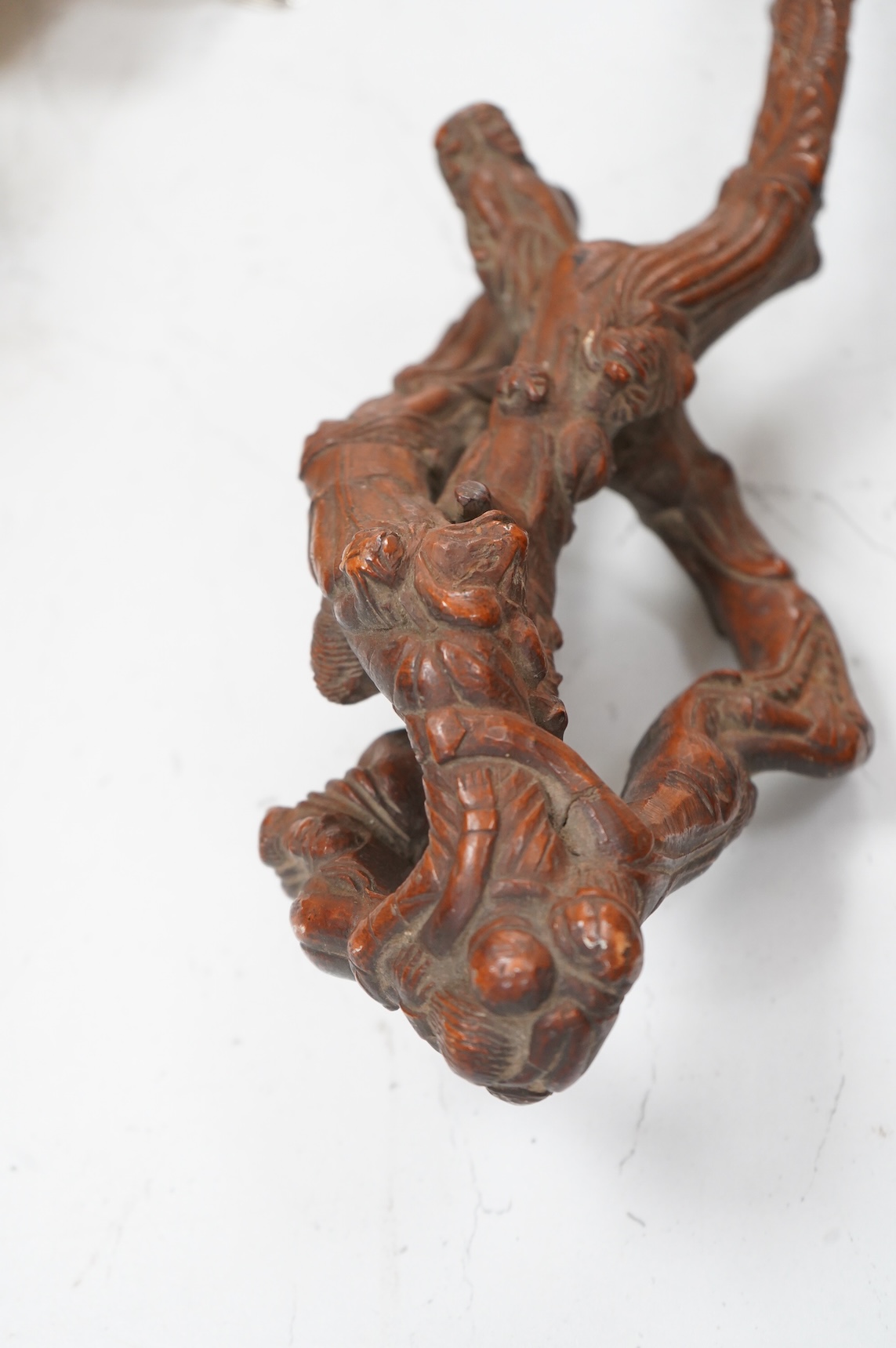 A European carved rootwood walking stick, 93cm in length